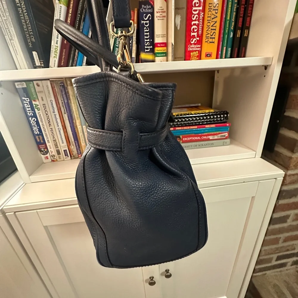Michael Kors Navy Leather Satchel with Gold-Tone MK Emblem